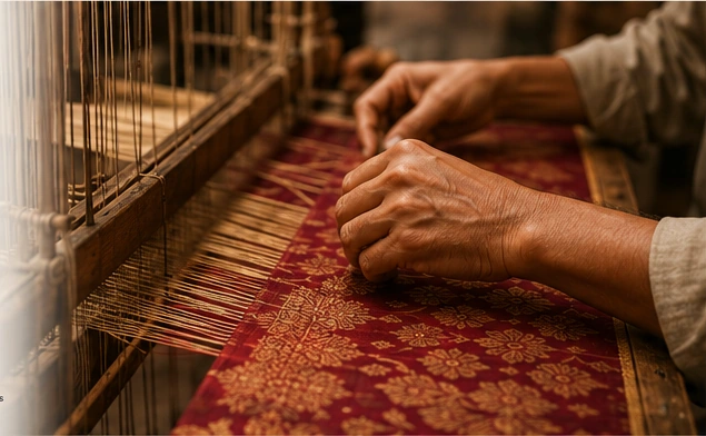Close-up view of Indian handloom weaving in warm workshop light