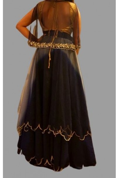 Black & Golden Heavy Georgette Premium Net Maxi Dress -Stitched