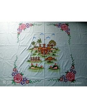 Handpainted cotton double bed sheet with scenery in center