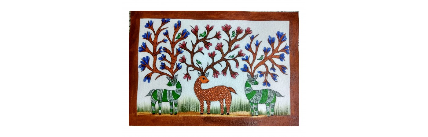  Gond art painting of three deers
