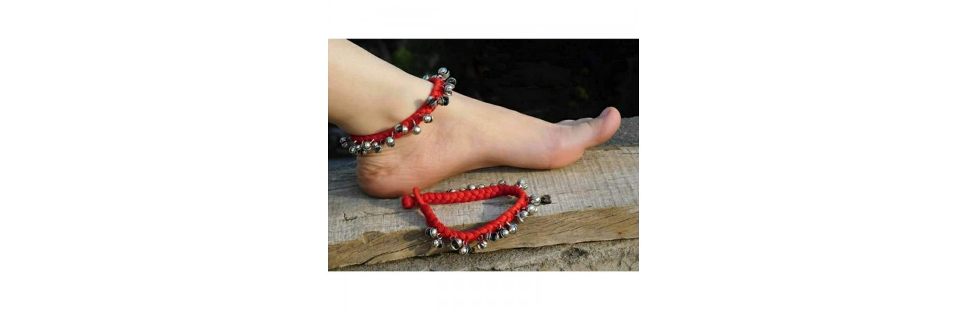 Alphabey's Tribal Style Red Threaded Anklets with Oxidized Ghungroo for Women and Girls