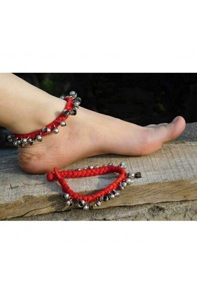 Alphabey's Tribal Style Red Threaded Anklets with Oxidized Ghungroo for Women and Girls