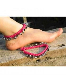 Alphabey's Tribal Style Pink Threaded Anklets with Oxidized Ghungroo for Women and Girls