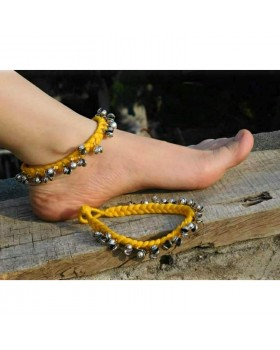 Alphabey's Tribal Style Yellow Threaded Anklets with Oxidized Ghungroo for Women and Girls