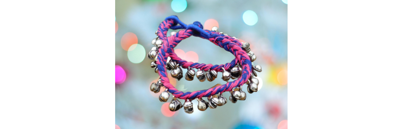 Alphabey's Tribal Style Multicolour Blue & Pink Threaded Anklets with Oxidized Ghungroo for Women and Girls
