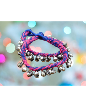 Alphabey's Tribal Style Multicolour Blue & Pink Threaded Anklets with Oxidized Ghungroo for Women and Girls
