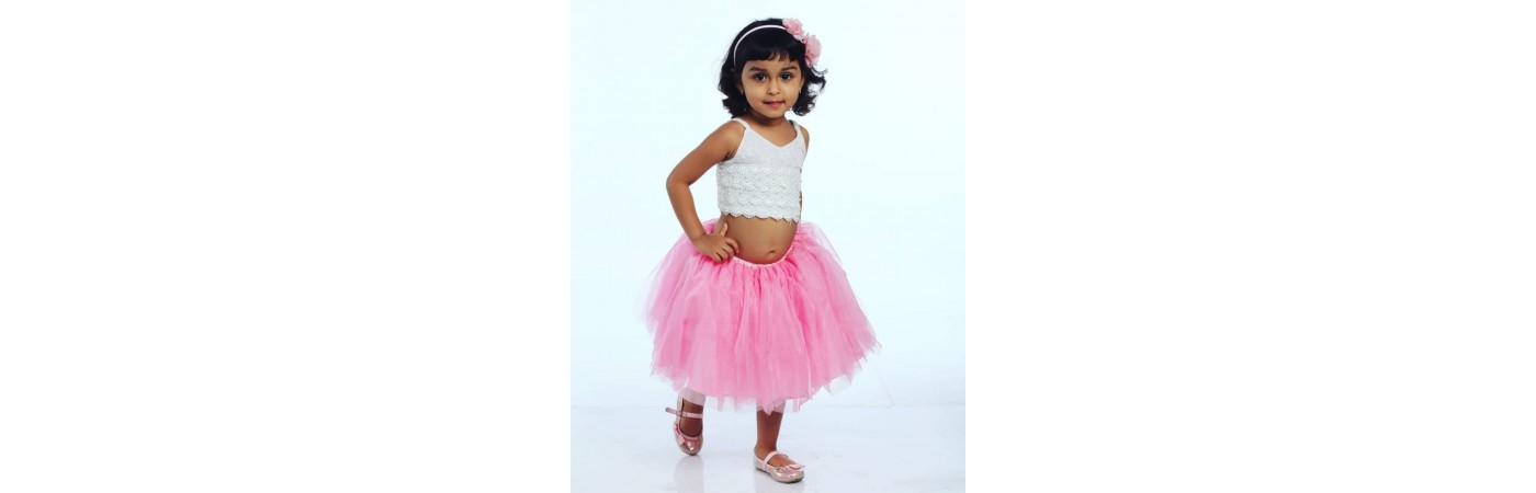 Alphabey's White Top & Mid Thigh Pink Net Skirt For Girls