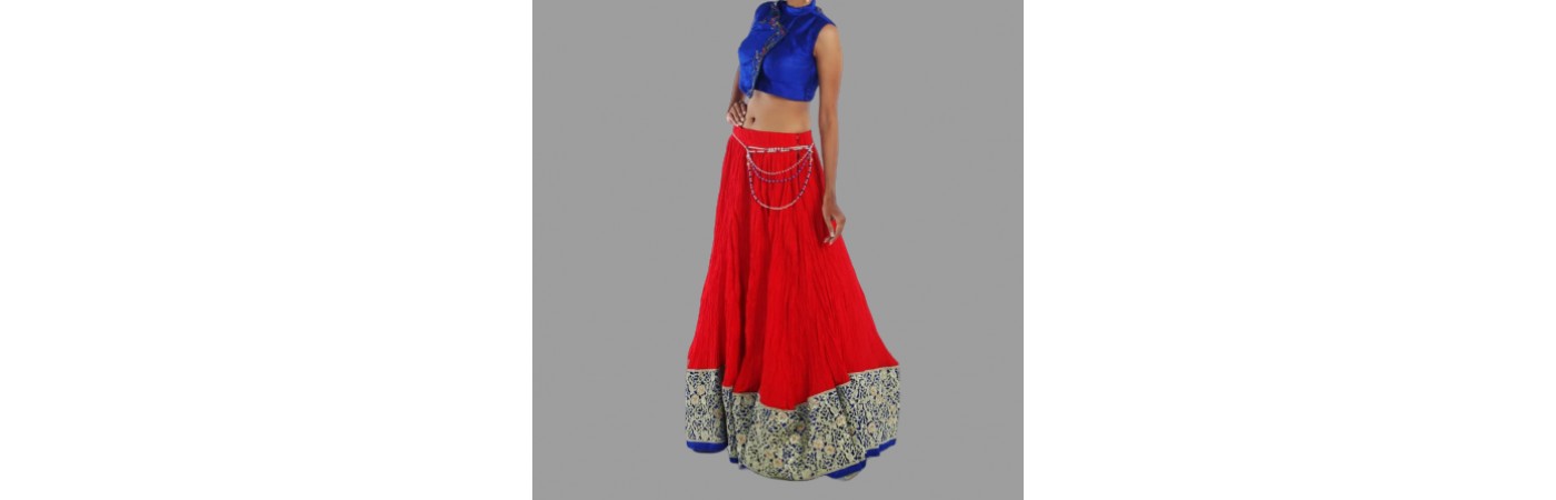 Blue Silk Blouse & Red Cotton Long Skirt For Women