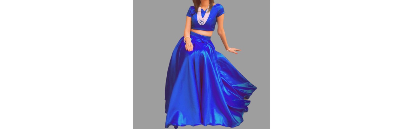 Royal Blue Silk Blouse & Long Skirt For Women