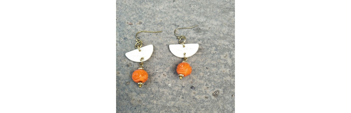 Alphabey's Orange Natural Bone & Dyed, Flower Patterned Brass Earrings For Women