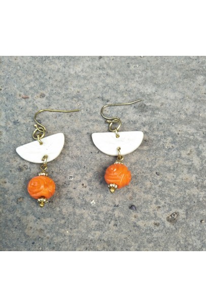 Alphabey's Orange Natural Bone & Dyed, Flower Patterned Brass Earrings For Women