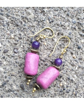 Alphabey's Purple Dyed Bone Carving Gold Plated Brass Earrings For Women