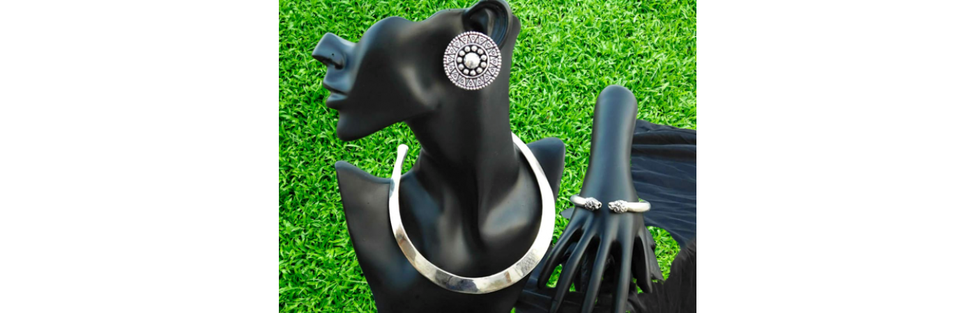Alphabey's Tribal Bohemia Oxidised Silver  Choker Necklace for Women/Girls NK01