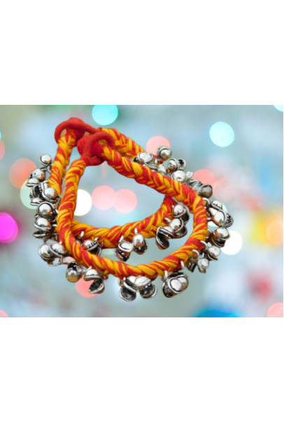 Alphabey's Tribal Style Multicolour Orange & Yellow Threaded Anklets with Oxidized Ghungroo for Women and Girls