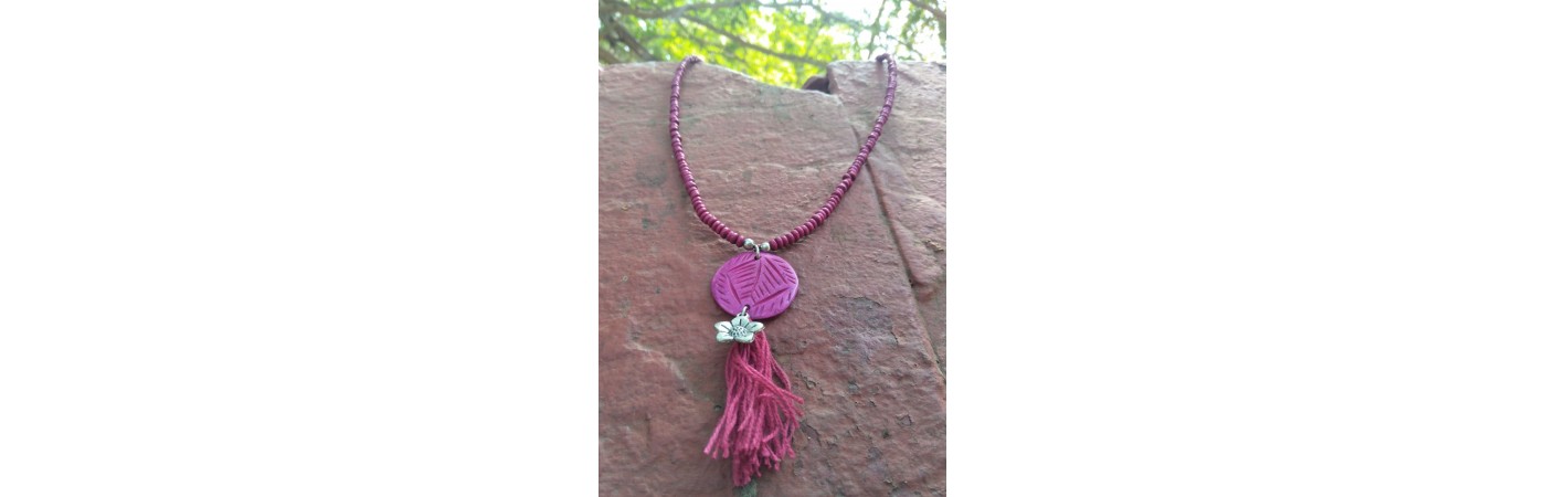 Alphabey's Pink Bone Wood Beaded Silver Plated Brass Tassel Necklace For Women