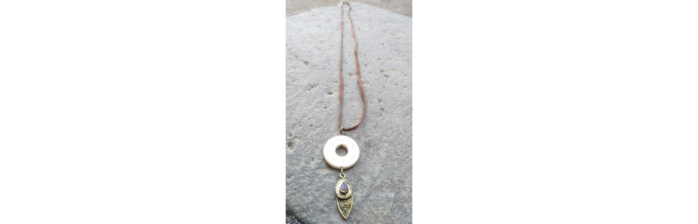 Alphabey's Circle Shaped Hole Bone Ring Leather Necklace for Women