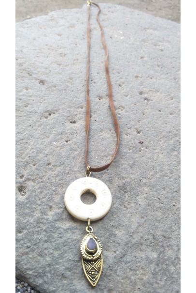 Alphabey's Circle Shaped Hole Bone Ring Leather Necklace for Women