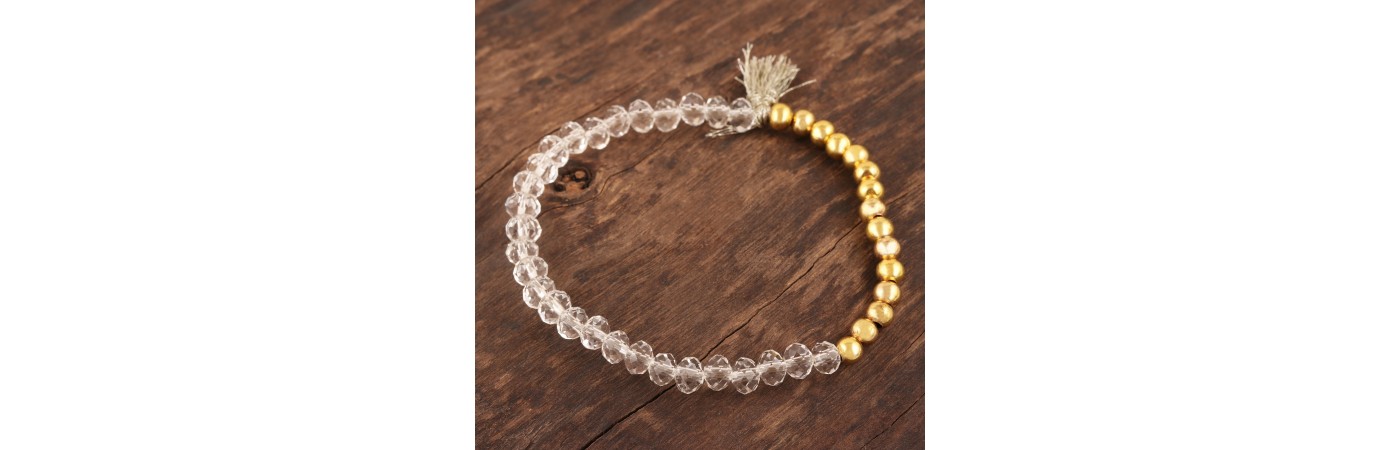 White Crystal and in 22kt Gold Plated Beads and Tassel Bracelet