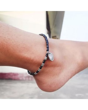 Black Small Beads Oxidized Beads and Charm Coin Anklet