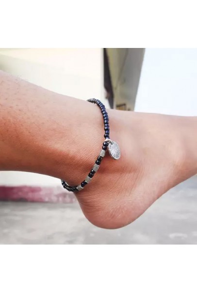 Black Small Beads Oxidized Beads and Charm Coin Anklet