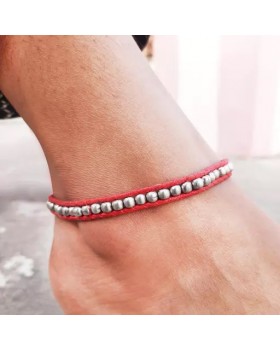 Red Thread Silver Tone Beaded Anklet