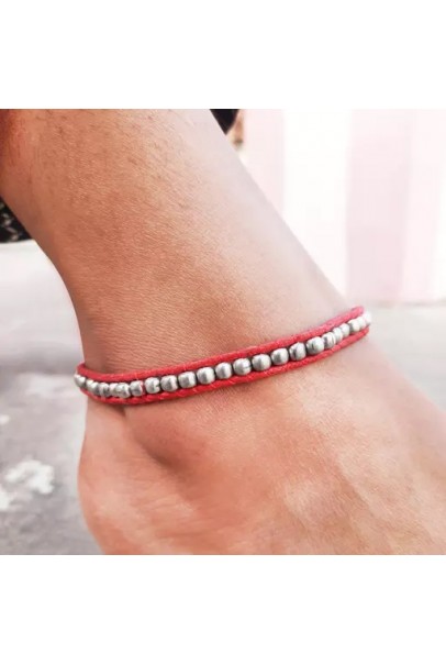 Red Thread Silver Tone Beaded Anklet