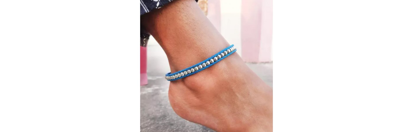 Royal Blue Thread Silver Tone Beaded Anklet