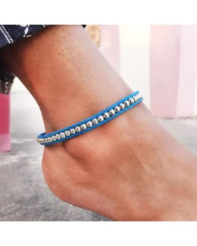 Royal Blue Thread Silver Tone Beaded Anklet