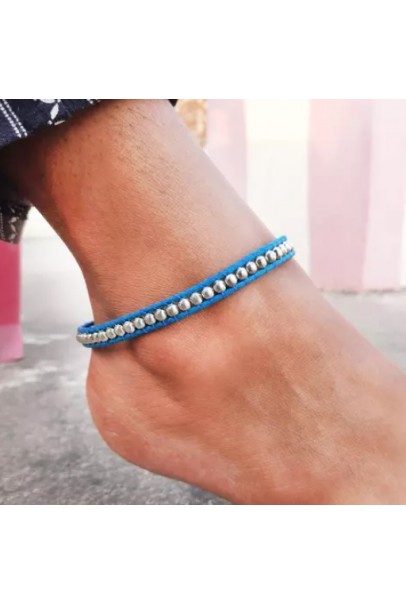 Royal Blue Thread Silver Tone Beaded Anklet