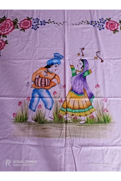 Handpainted cotton double bed sheet with dancing couple Handpainted cotton double bed sheet with dancing couple