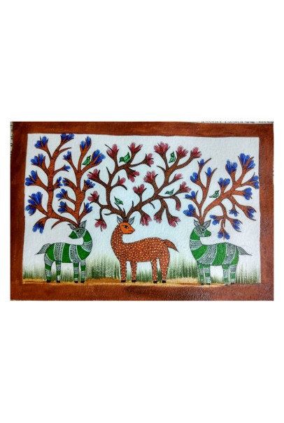  Gond art painting of three deers