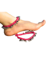 Alphabey's Tribal Style Pink Threaded Anklets with Oxidized Ghungroo for Women and Girls