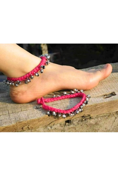 Alphabey's Tribal Style Pink Threaded Anklets with Oxidized Ghungroo for Women and Girls