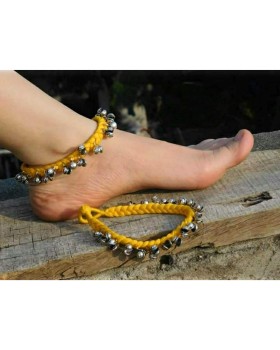 Alphabey's Tribal Style Yellow Threaded Anklets with Oxidized Ghungroo for Women and Girls Alphabey's Tribal Style Yellow Threaded Anklets with Oxidized Ghungroo for Women and Girls