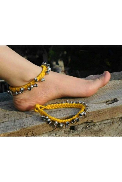 Alphabey's Tribal Style Yellow Threaded Anklets with Oxidized Ghungroo for Women and Girls Alphabey's Tribal Style Yellow Threaded Anklets with Oxidized Ghungroo for Women and Girls