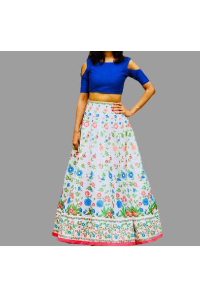 Royal Blue Slit Sleeve Top & Long White Floral Skirt Royal Blue Slit Sleeve Top & Long White Floral Skirt