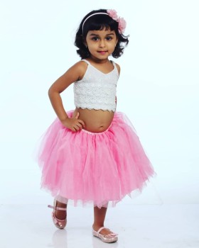 Alphabey's White Top & Mid Thigh Pink Net Skirt For Girls Alphabey's White Top & Mid Thigh Pink Net Skirt For Girls