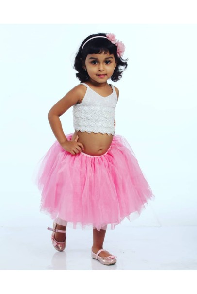 Alphabey's White Top & Mid Thigh Pink Net Skirt For Girls