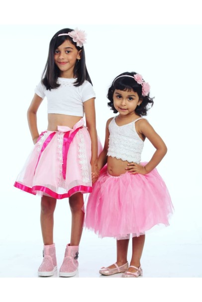 Alphabey's White Top & Mid Thigh Pink Net Skirt For Girls 02