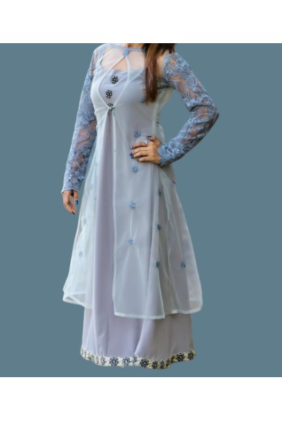 Grey Spanish Crepe Net Jacket Long Kurti For Women/Girls