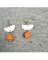 Alphabey's Orange Natural Bone & Dyed, Flower Patterned Brass Earrings For Women
