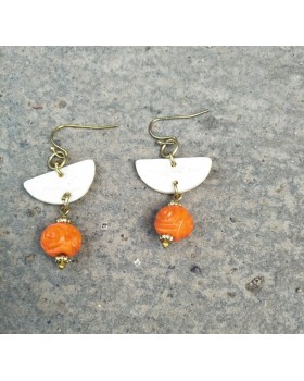 Alphabey's Orange Natural Bone & Dyed, Flower Patterned Brass Earrings For Women Alphabey's Orange Natural Bone & Dyed, Flower Patterned Brass Earrings For Women