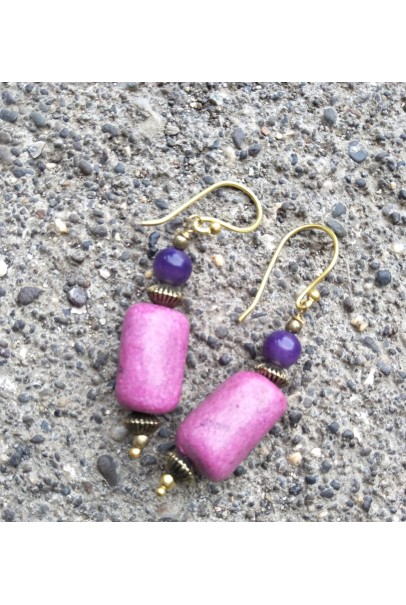 Alphabey's Purple Dyed Bone Carving Gold Plated Brass Earrings For Women Alphabey's Purple Dyed Bone Carving Gold Plated Brass Earrings For Women