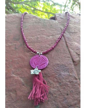 Alphabey's Pink Bone Wood Beaded Silver Plated Brass Tassel Necklace For Women Alphabey's Pink Bone Wood Beaded Silver Plated Brass Tassel Necklace For Women