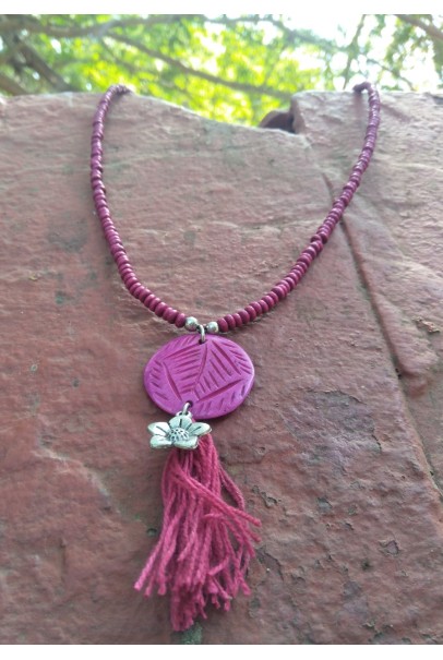 Alphabey's Pink Bone Wood Beaded Silver Plated Brass Tassel Necklace For Women Alphabey's Pink Bone Wood Beaded Silver Plated Brass Tassel Necklace For Women