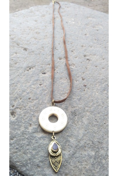 Alphabey's Circle Shaped Hole Bone Ring Leather Necklace for Women