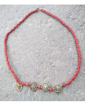 Alphabey's Red Wood Bead Brass Gold Plated Flowers Necklace For Women Alphabey's Red Wood Bead Brass Gold Plated Flowers Necklace For Women