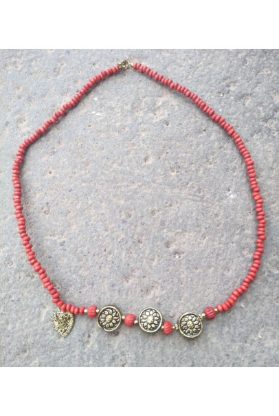 Alphabey's Red Wood Bead Brass Gold Plated Flowers Necklace For Women