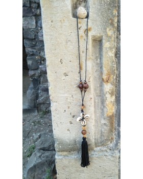 Alphabey's Shell, Wood Beads and cotton Tassel Log Necklace For Women