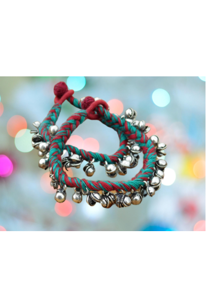 Alphabey's Tribal Style Multicolour Red & Green Threaded Anklets with Oxidized Ghungroo for Women and Girls Alphabey's Tribal Style Multicolour Red & Green Threaded Anklets with Oxidized Ghungroo for Women and Girls
